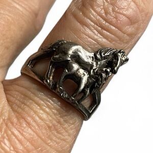 Signed OTT Sterling Silver 3D Horse & Foal Contemporary Statement Ring